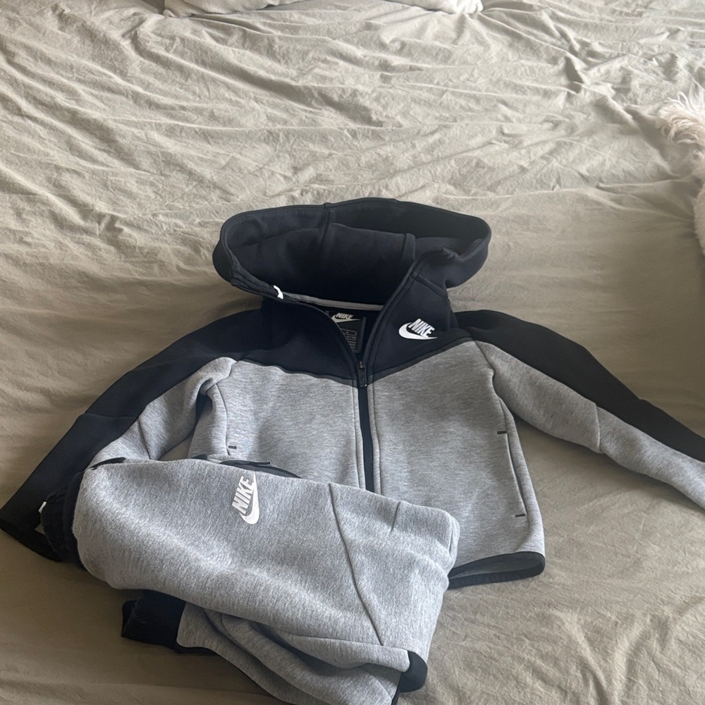 Nike Grey and Black Kids Zip-Up Hoodie and joggers with White Logos